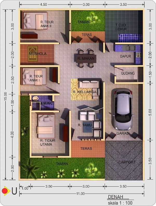 Denah Rumah 3 Kamar 1 Mushola dan Garasi