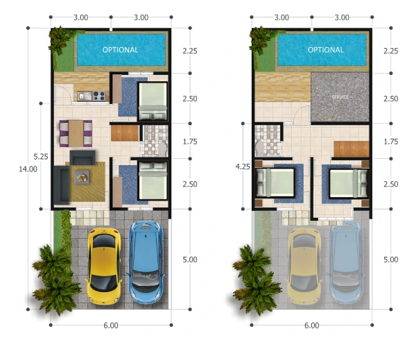 Denah Rumah 10x10_Denah dengan Carport Ganda