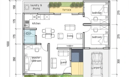 denah rumah 10x10 1 Lantai_Denah 1 Lantai_ Tiga Kamar Tidur, Tetap Kompak
