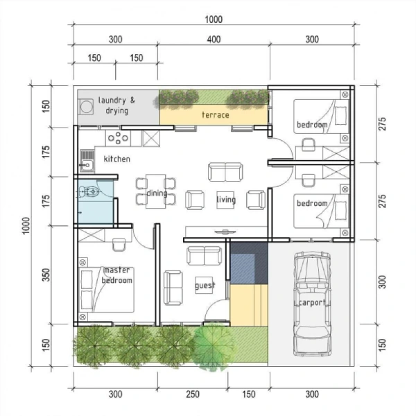 denah rumah 10x10 1 Lantai_Denah 1 Lantai_ Tiga Kamar Tidur, Tetap Kompak